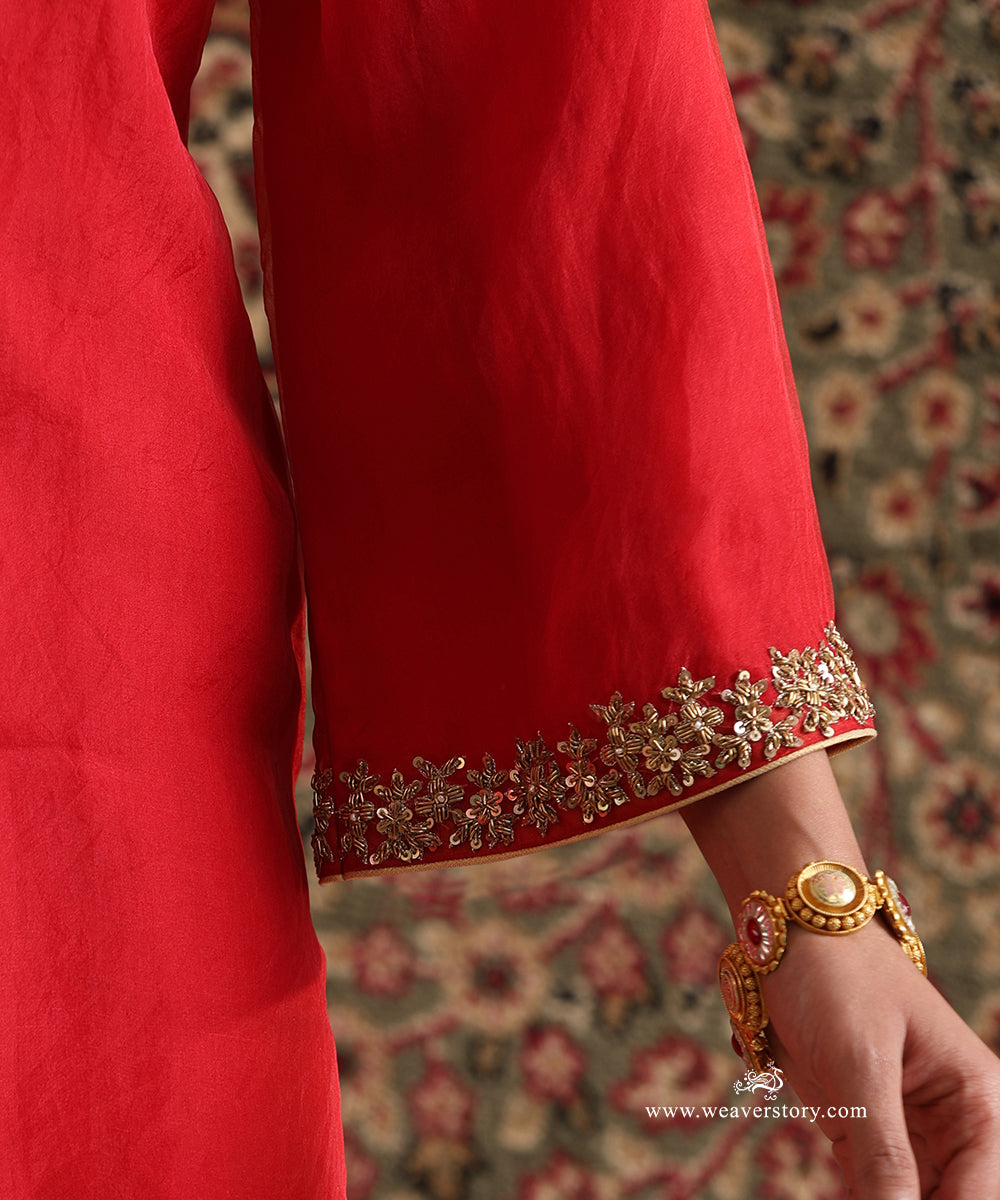 Red Organza Kurta Neck Embroidery With Badami Organza Garara