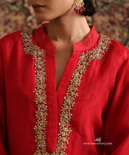 Red Organza Kurta Neck Embroidery With Badami Organza Garara