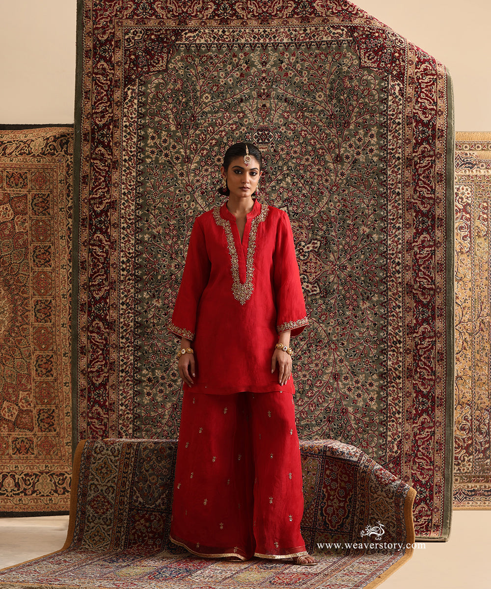 Red Pure Silk Organza Hand Embroidered Sharara Set by WeaverStory