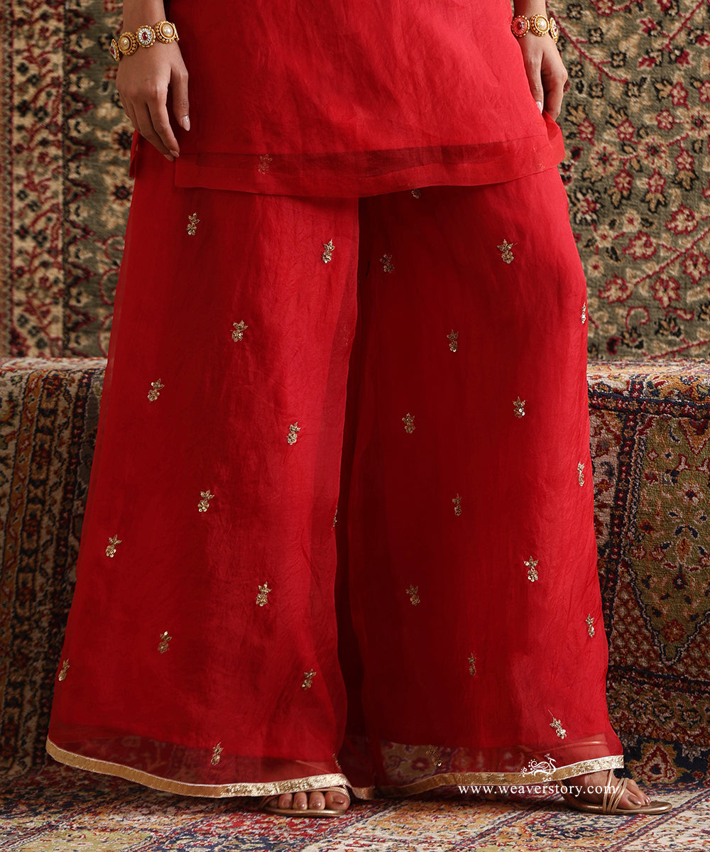 Red Pure Silk Organza Hand Embroidered Sharara Set