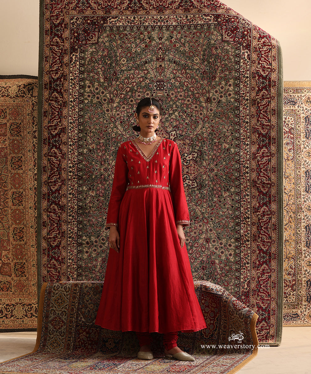 Red Pure Chanderi Silk Handcrafted Gota Embroidered Anarkali with Flared Silhouette by WeaverStory