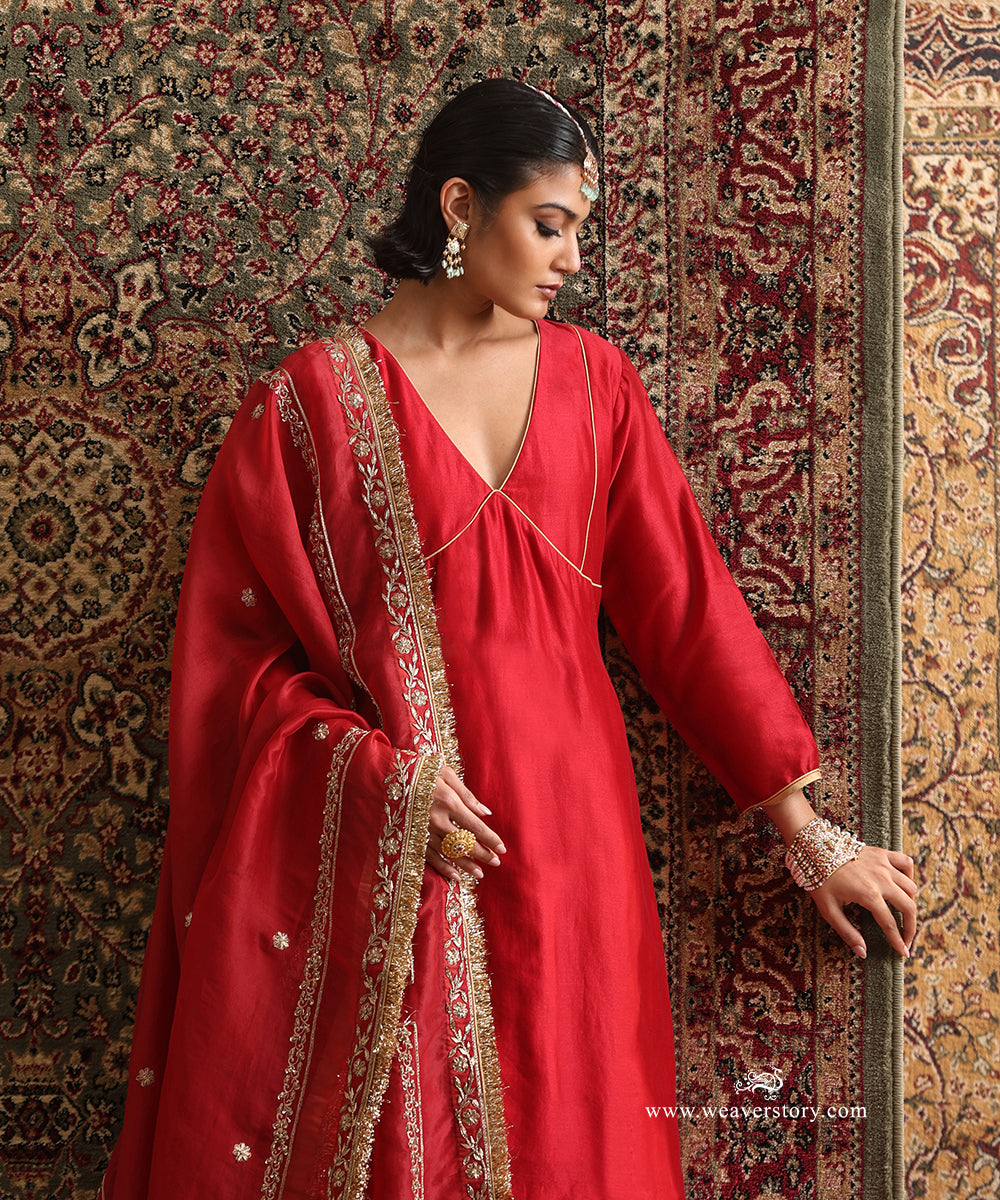 Red Pure Chanderi Silk kurta with gold piping and double-border dupatta with floral hand embroidery