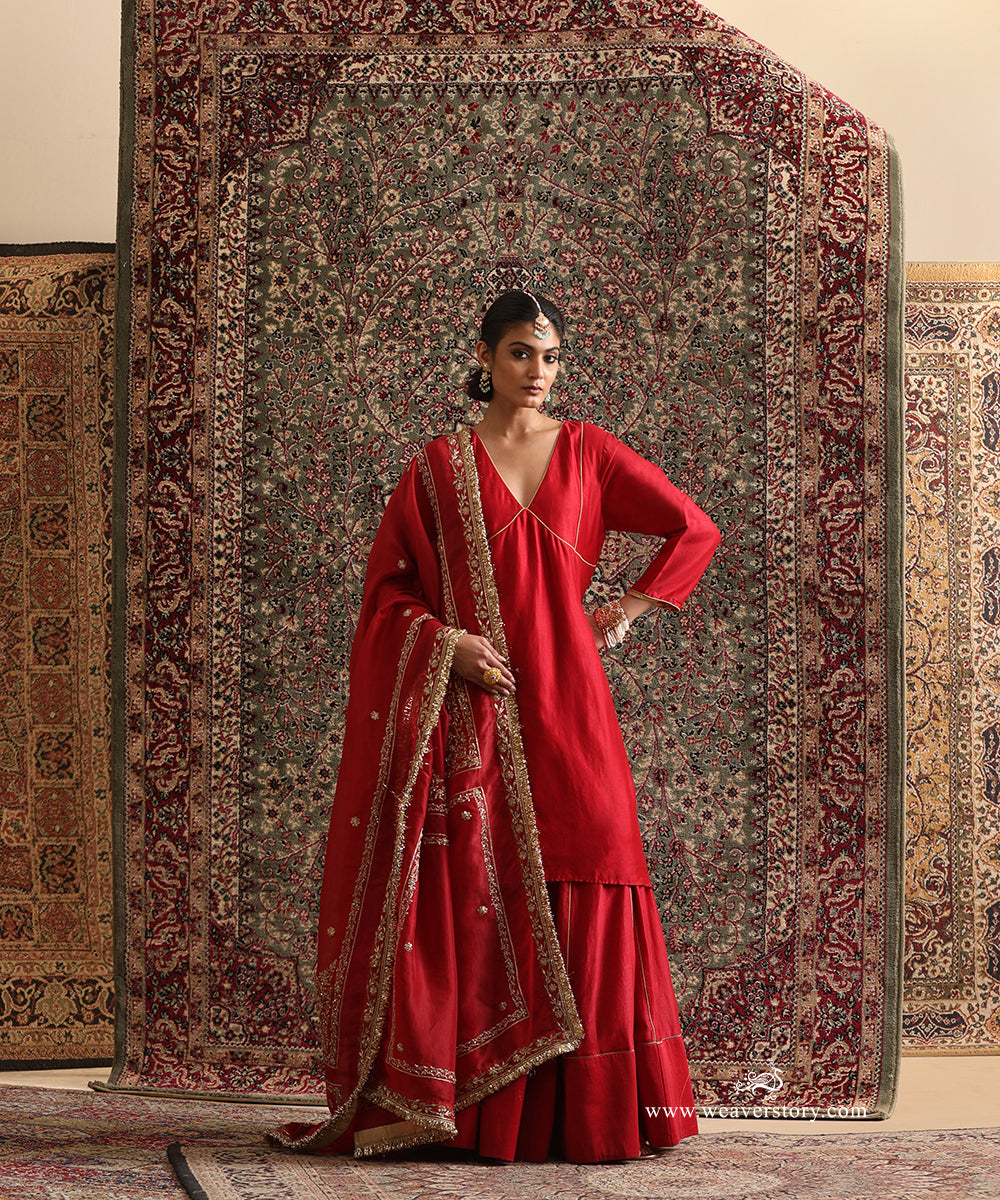Red Pure Chanderi Silk lehenga set with panelled V-neck kurta and handcrafted double-border embroidered dupatta