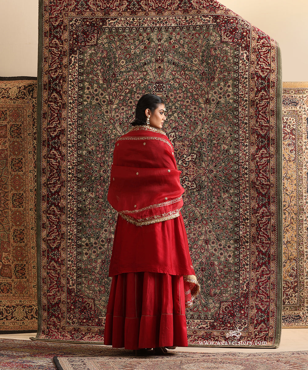 Red_Pure_Chanderi_Lehenga_Set_With_Dubble_Border_Dupatta_WeaverStory_03
