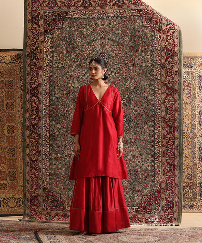 Red Pure Chanderi Silk panelled V-neck kurta with gathered lehenga and fine gold piping detail
