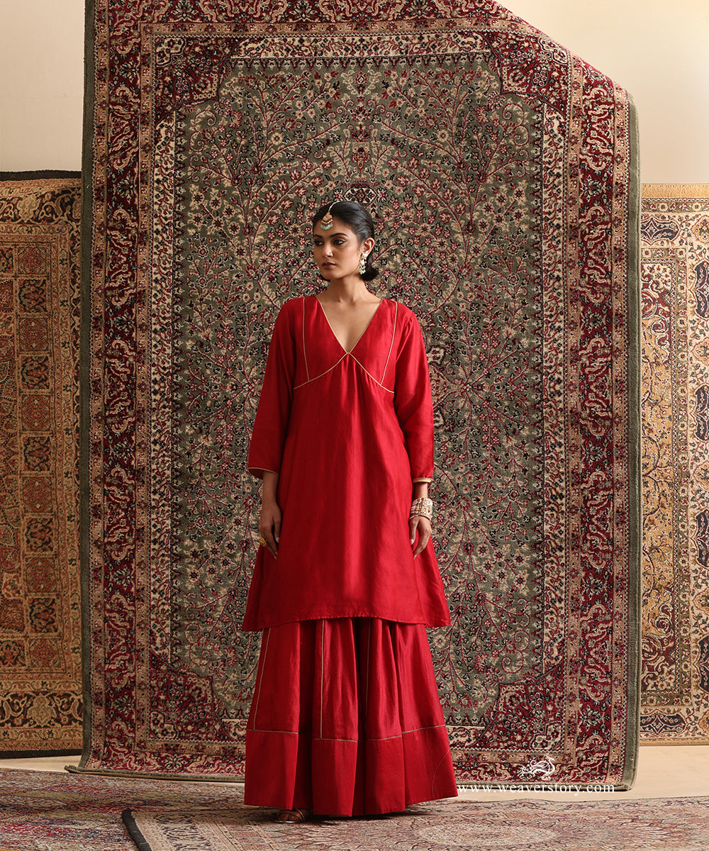 Red Pure Chanderi Silk Lehenga Set with Panelled V Neckline