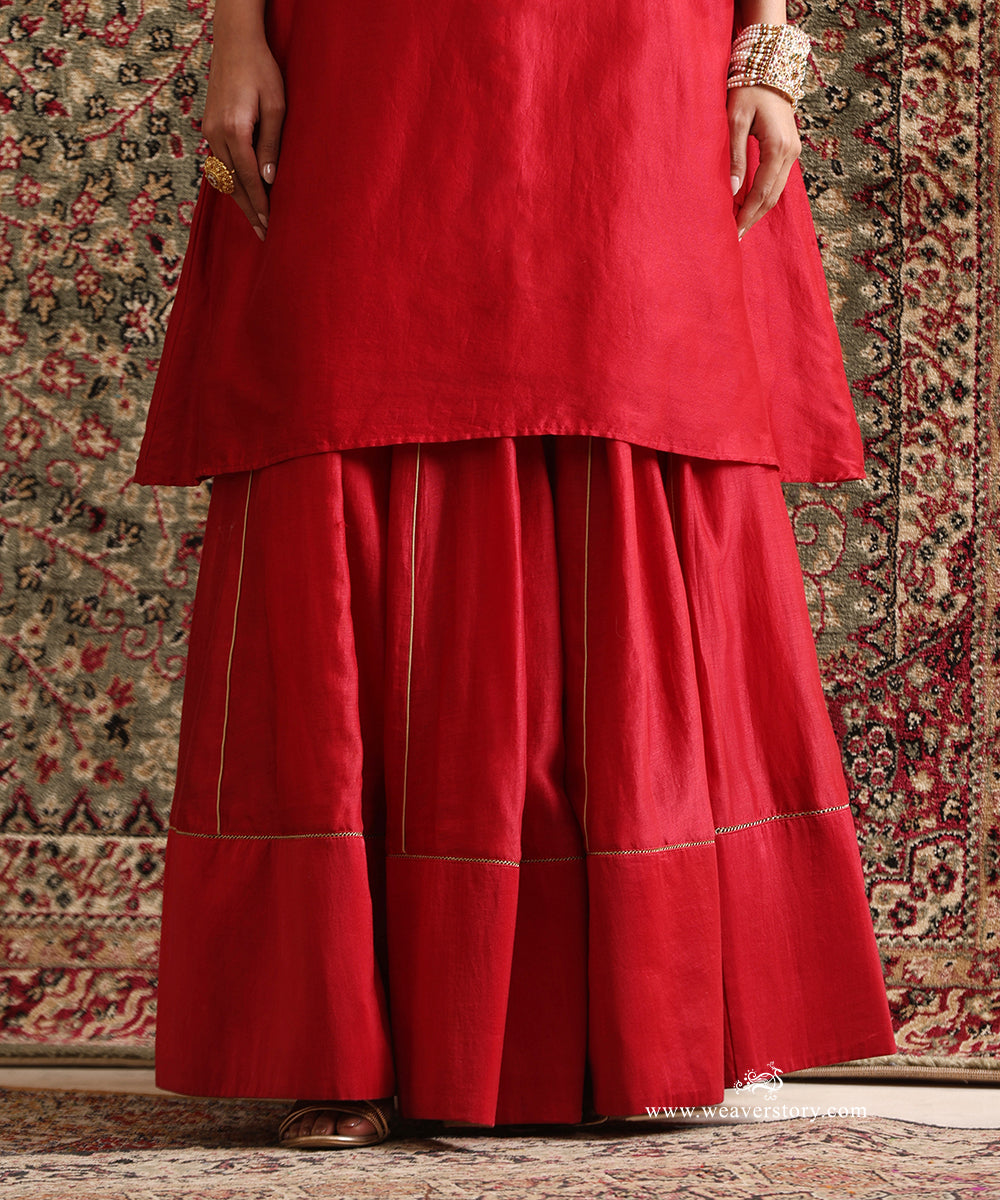 Close-Up of Red Pure Chanderi Silk Lehenga with Gota Piping Detailing