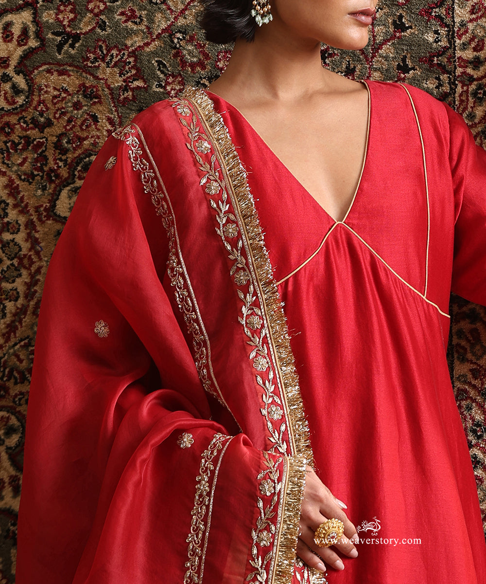 Red_Pure_Chanderi_Lehenga_Set_With_Dubble_Border_Dupatta_WeaverStory_06