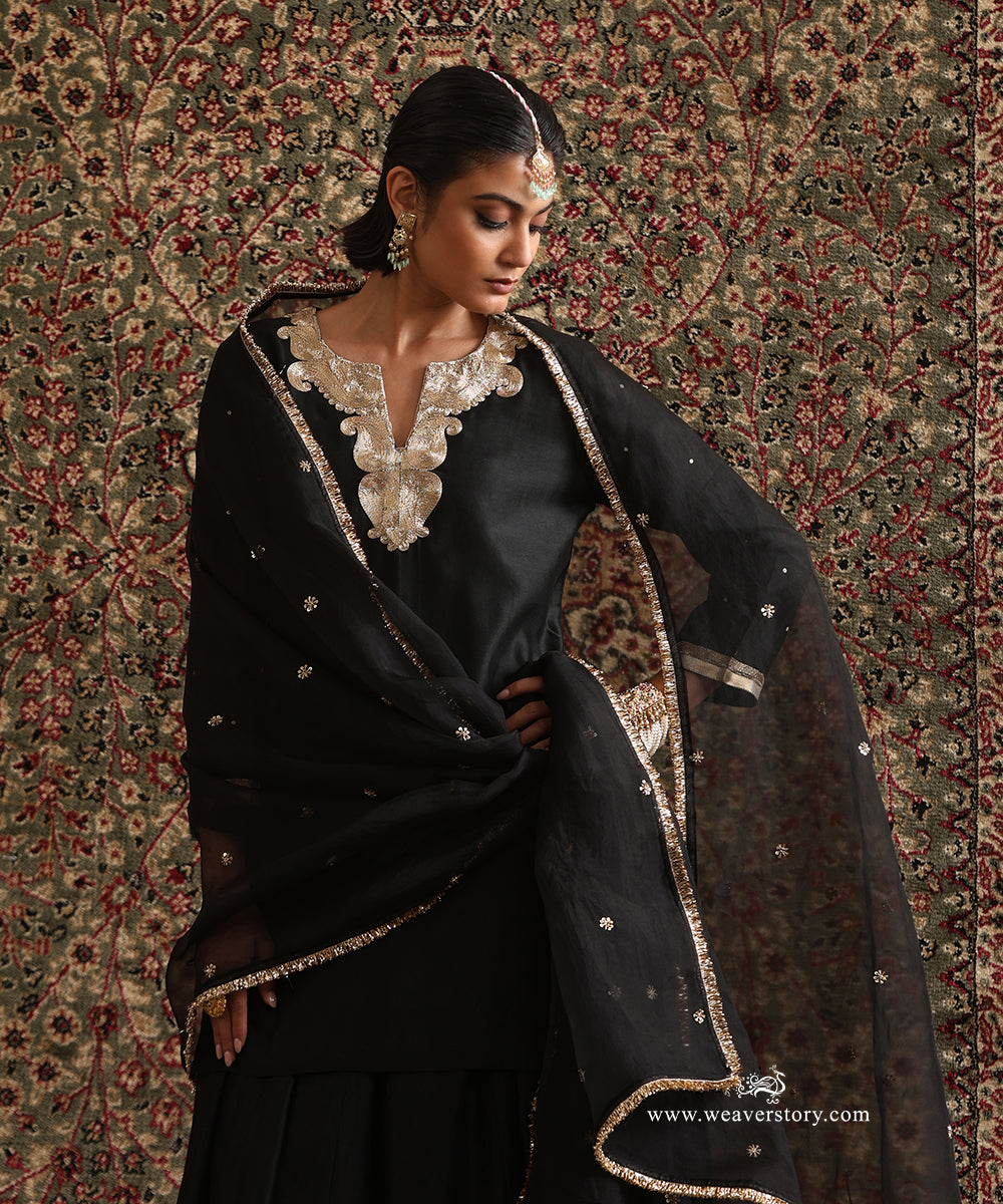Black_Pure_Chanderi_Silk_Kurta_with_Front_Dabka_Embroidery_Chanderi_silk_Gether_Skirt_With_Dupatta_WeaverStory_01