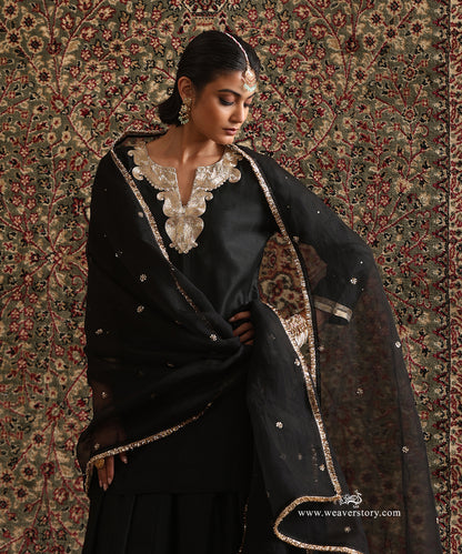 Black_Pure_Chanderi_Silk_Kurta_with_Front_Dabka_Embroidery_Chanderi_silk_Gether_Skirt_With_Dupatta_WeaverStory_01