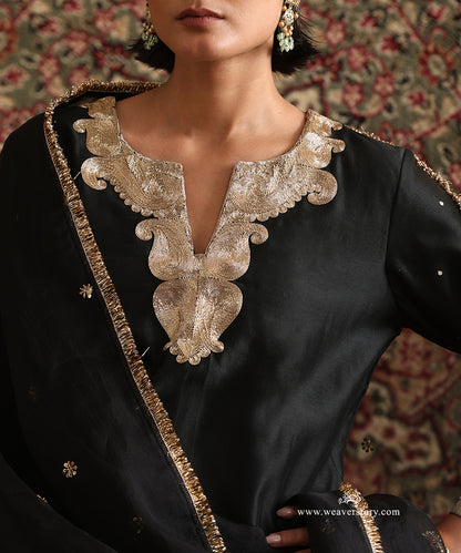 Black festive Chanderi silk kurta set showcasing Kashmiri-inspired hand zardozi embroidery and organza dupatta by WeaverStory