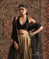 Black and antique gold tissue lehenga set with hand embroidered black organza dupatta
