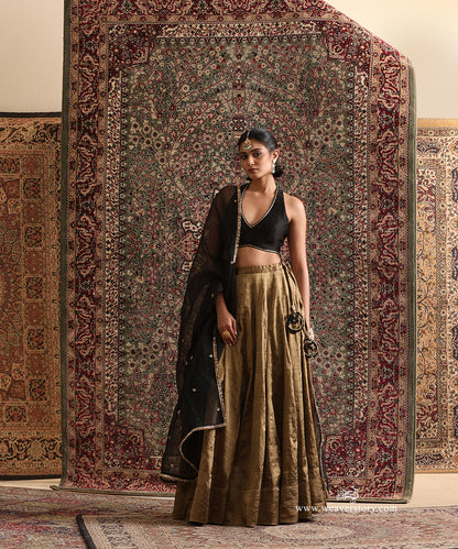 Black and antique gold tissue lehenga set with hand embroidered black organza dupatta