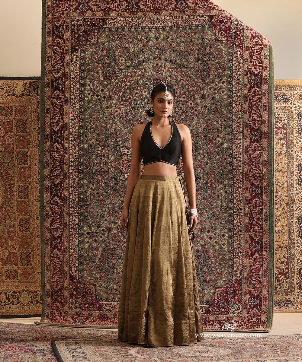 Black Chanderi silk halter blouse with antique gold tissue lehenga