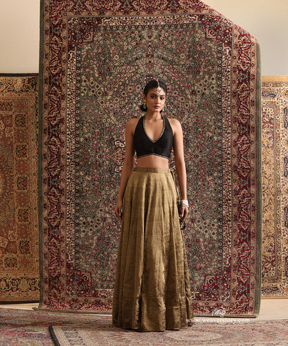 Black Chanderi silk halter blouse with antique gold tissue lehenga