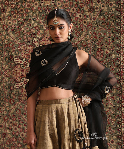 Black Chanderi silk blouse with antique gold tissue lehenga and chand boota organza dupatta