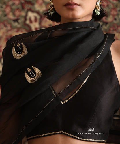 Black Chanderi silk blouse and antique gold tissue lehenga with chand boota organza dupatta