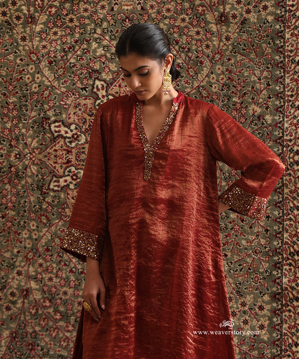 Maroon_Handloom_Chanderi_Stripe_Tissue_Suit_With_Chanderi_Pants_WeaverStory_01