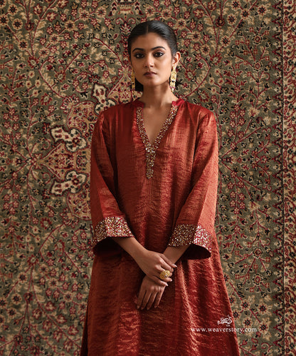 Maroon Handloom Chanderi Stripe Tissue kurta with tikki work (hand-sewn sequins) on V-neckline and sleeve cuffs
