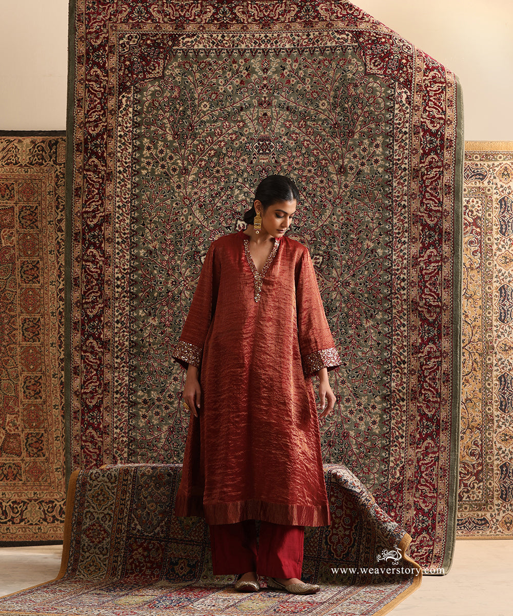 Maroon Handloom Chanderi Stripe Tissue kurta set with tikki work (hand-sewn sequins) and Chanderi silk pants