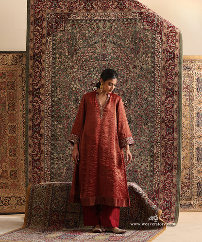 Maroon Handloom Chanderi Stripe Tissue kurta set with tikki work (hand-sewn sequins) and Chanderi silk pants