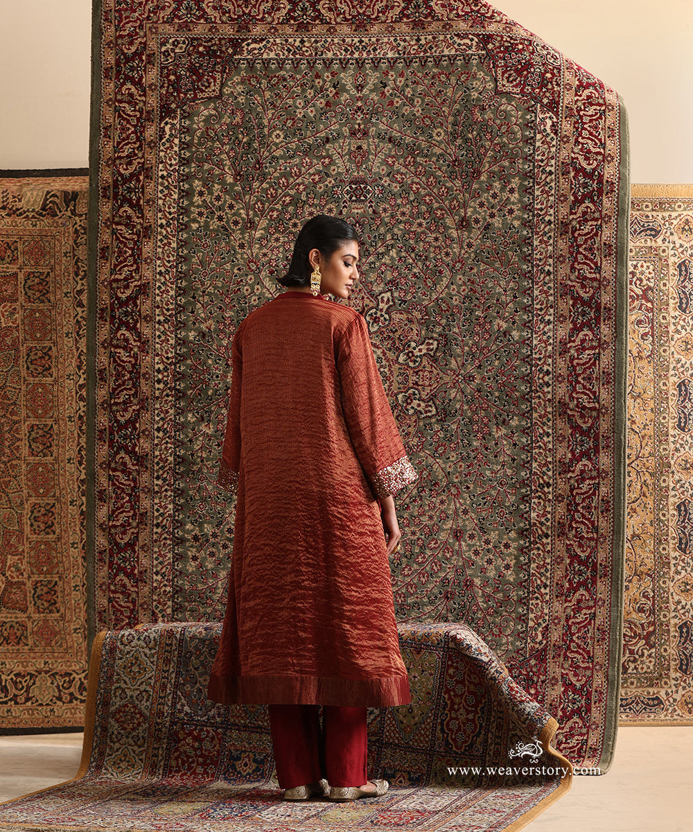 Maroon Handloom Chanderi Stripe Tissue kurta with Chanderi silk pants, back view