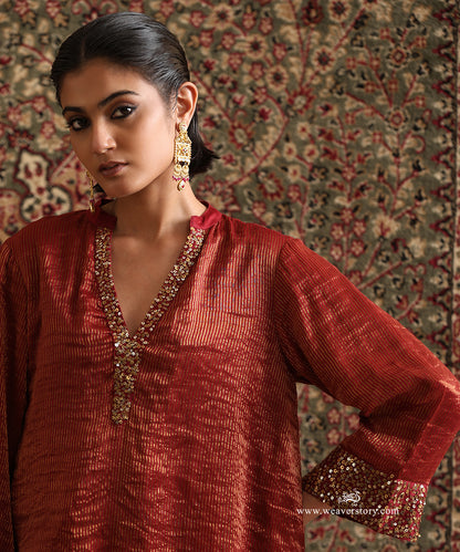 Maroon_Handloom_Chanderi_Stripe_Tissue_Suit_With_Chanderi_Pants_WeaverStory_07