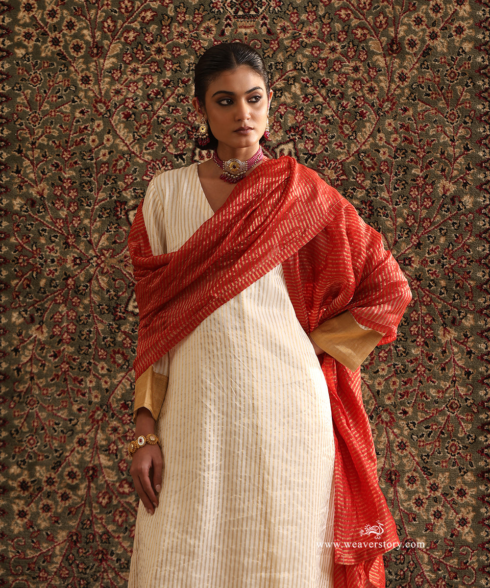 Detail View of Off White Stripe Tissue Kurta with Red Stripe Tissue Dupatta