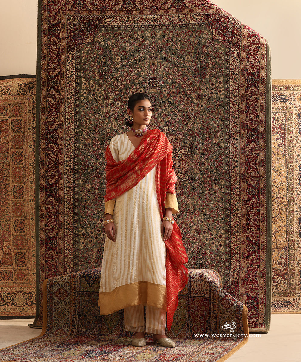 Off White Stripe Tissue Suit Set with Gold Tissue Borders and Red Stripe Tissue Dupatta