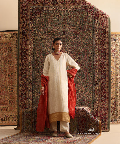 Handwoven Off White Stripe Tissue Suit Set from Antara Celebration Edit