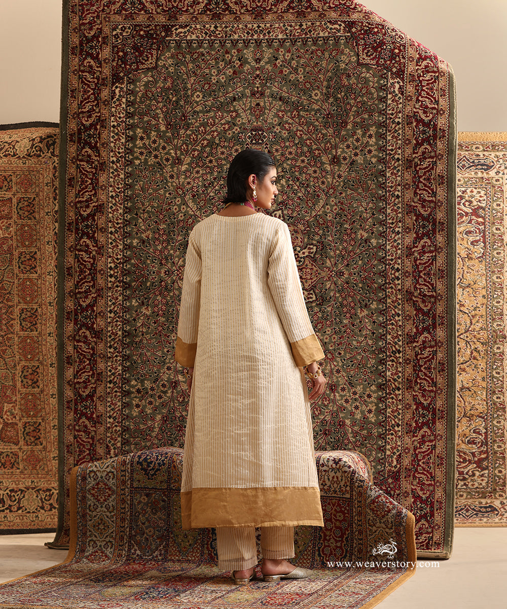 Off White Striped Tissue Kurta with Gold Tissue Border and Handwoven Stripe Detailing