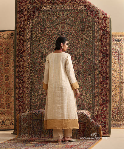 Off White Striped Tissue Kurta with Gold Tissue Border and Handwoven Stripe Detailing
