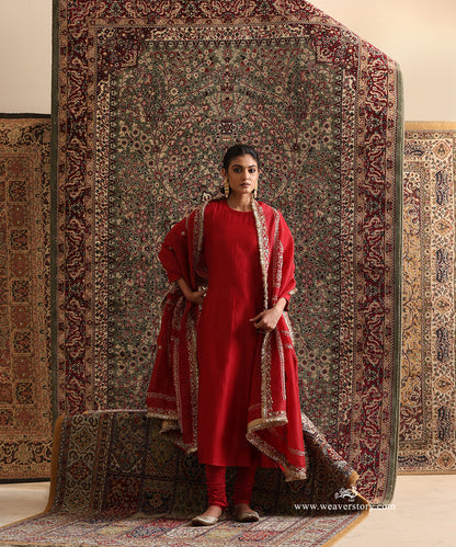 Red Chanderi Silk kurta churidar set with zardozi hand-embroidered organza dupatta