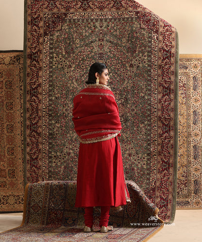 Red_Pure_Chanderi_Silk_A_Line_Kurta_Pant_With_HAnd_Embroiderd_Organza_Dupatta_WeaverStory_05