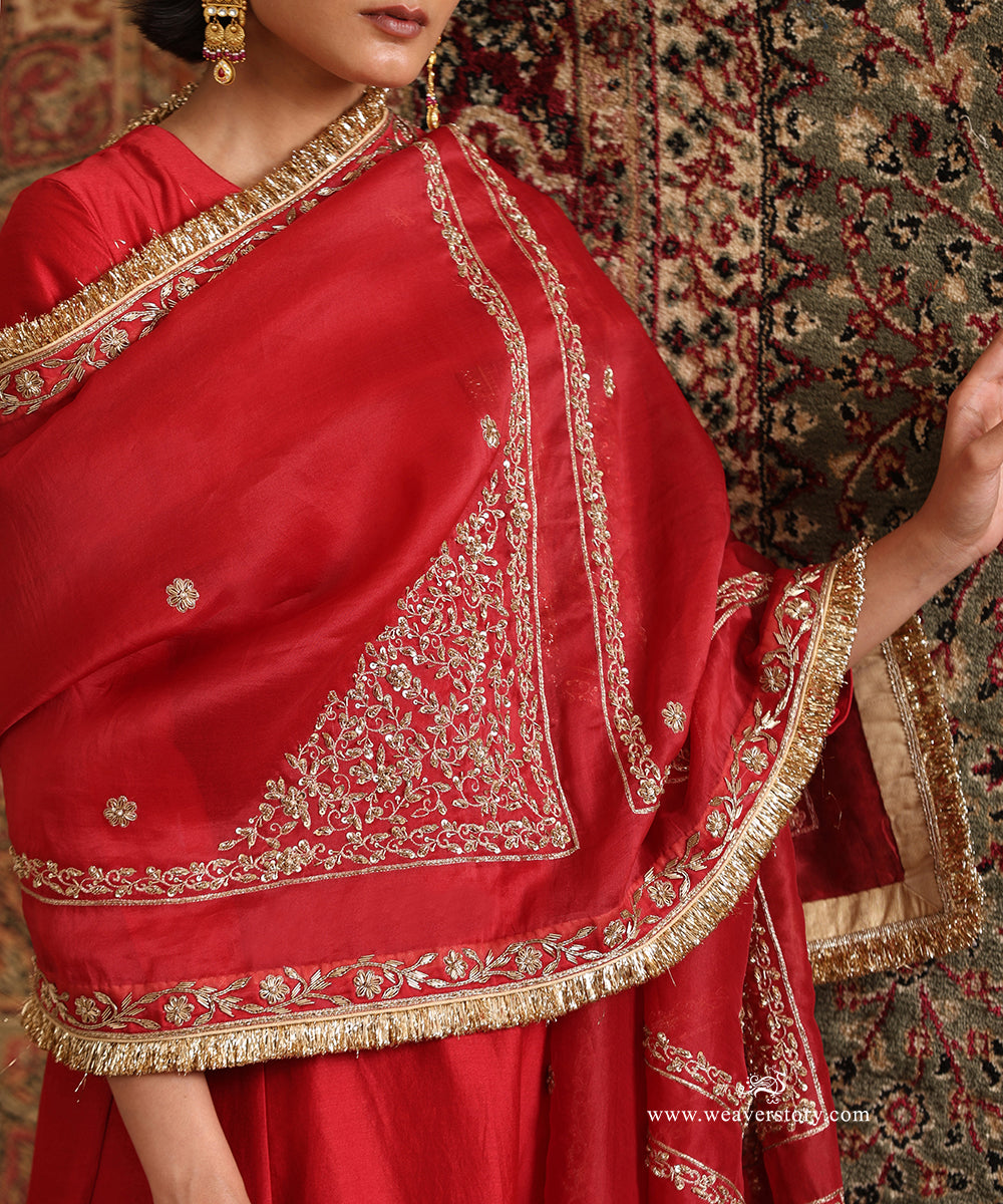 Red organza dupatta with hand-embroidered zardozi floral motifs, corner detailing and kiran border