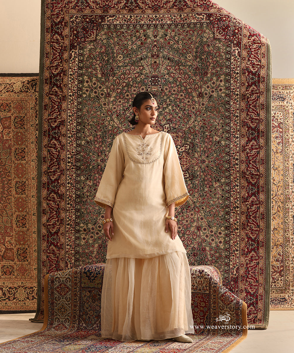 Luxury Almond Hand Embroidered Pure Silk Organza Garara Set for Wedding and Festive Wear