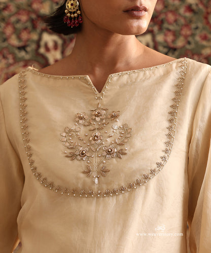 Close-up of Hand Embroidered Yoke on Almond Pure Silk Organza Kurta