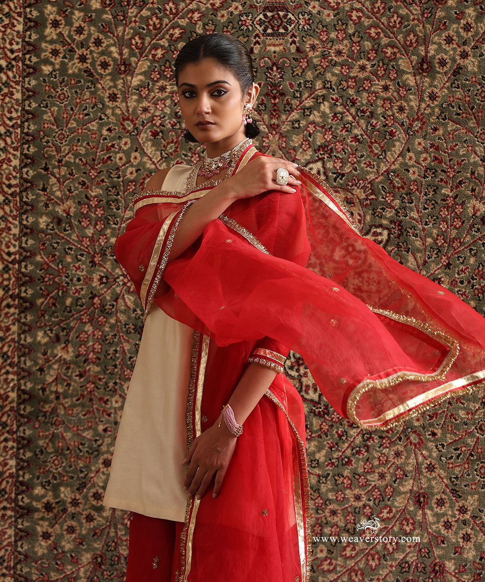 Almond Chanderi Silk Kurta with Pearl Embroidered Neckline and Red Organza Dupatta