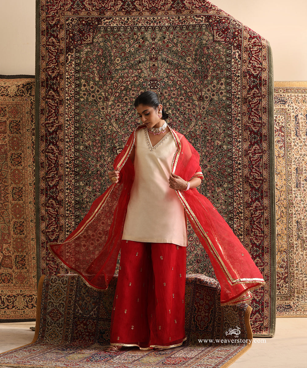 Red Organza Sharara and Dupatta with Hand Embroidered Motifs and Gota Border