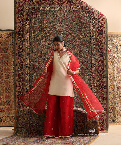 Red Organza Sharara and Dupatta with Hand Embroidered Motifs and Gota Border