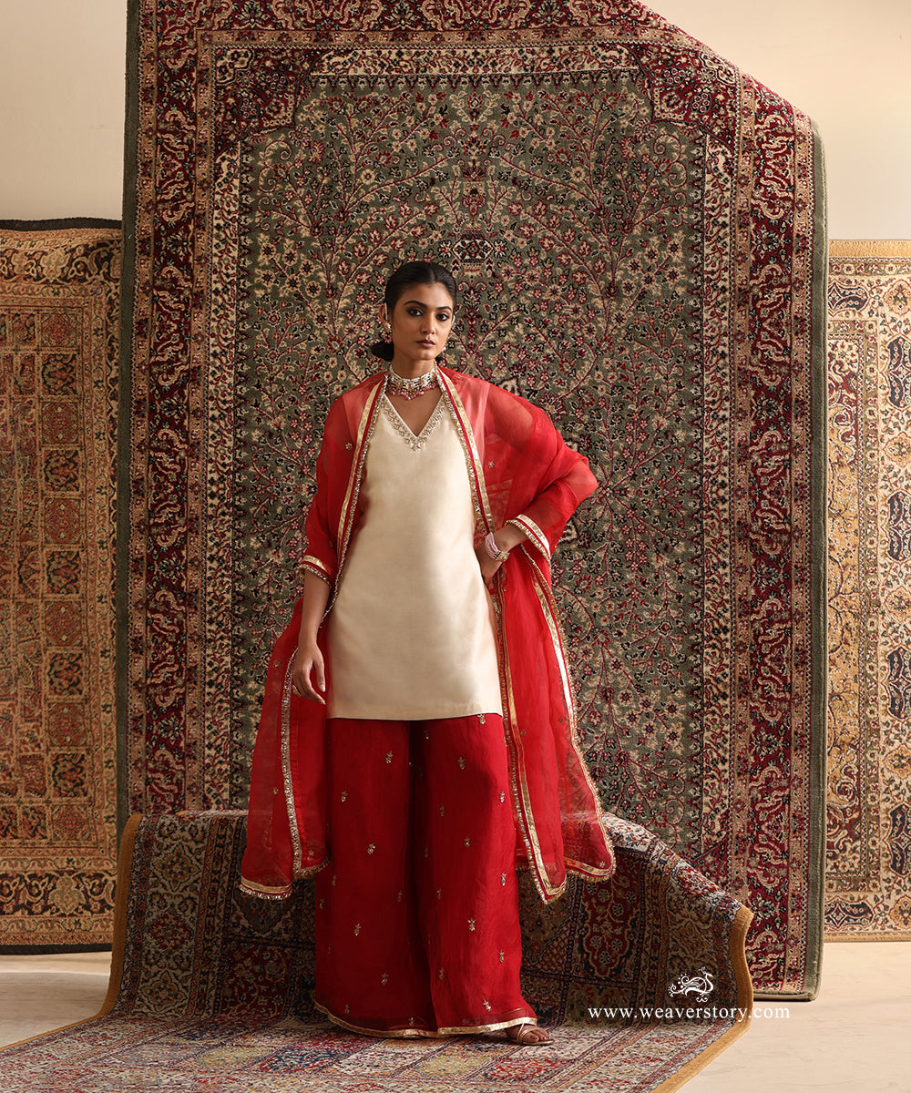 Hand Embroidered Almond Chanderi Silk Kurta with Red Organza Sharara and Dupatta