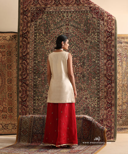 Almond Chanderi Silk Kurta and Red Organza Sharara Set with Hand Embroidery