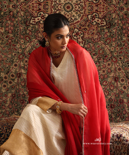 Off White Tissue Stripe Suit Set With Hand Embroidered Red Organza Dupatta
