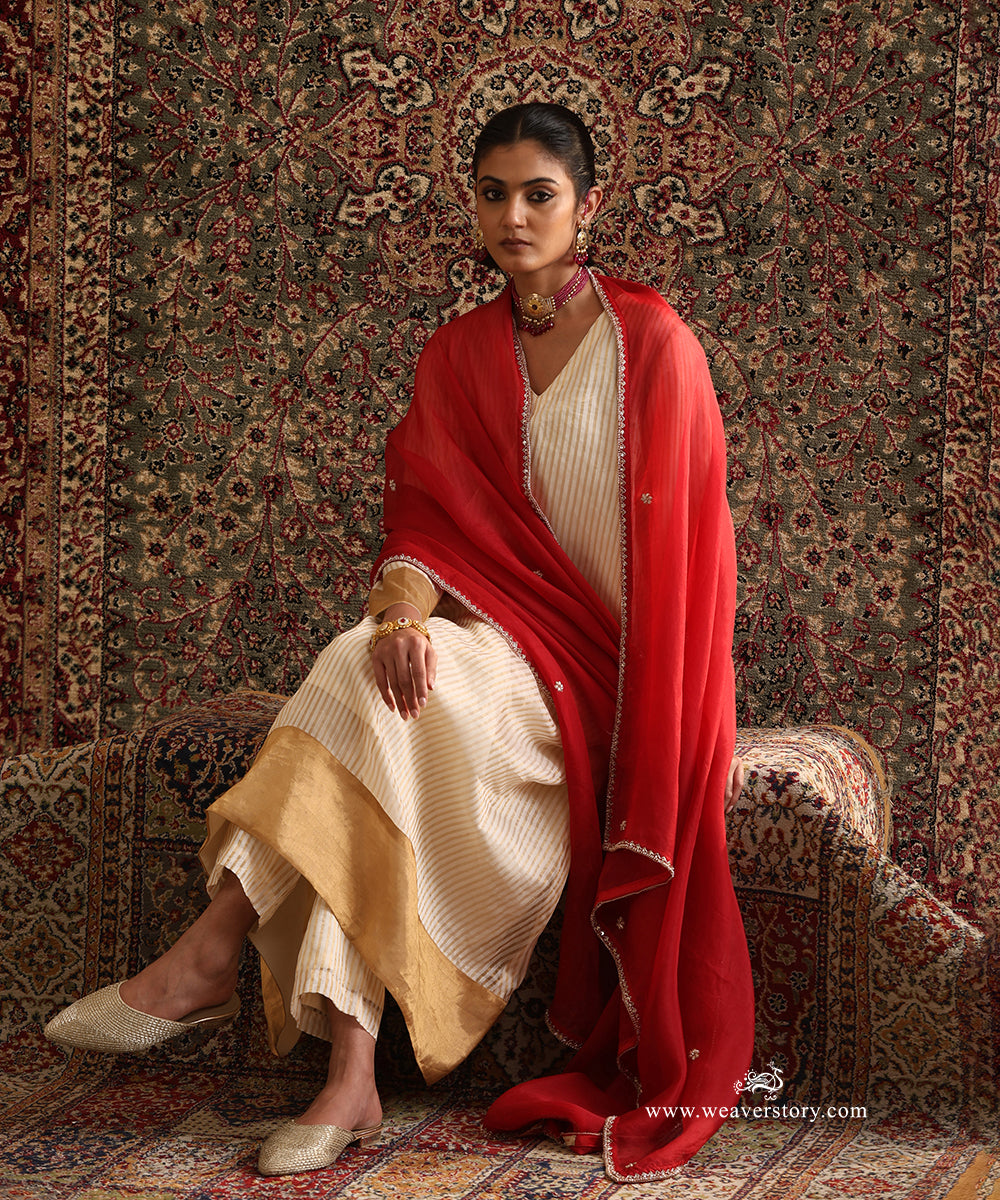 Red Organza Dupatta With Hand Embroidery Paired With Off White Tissue Stripe Kurta Set