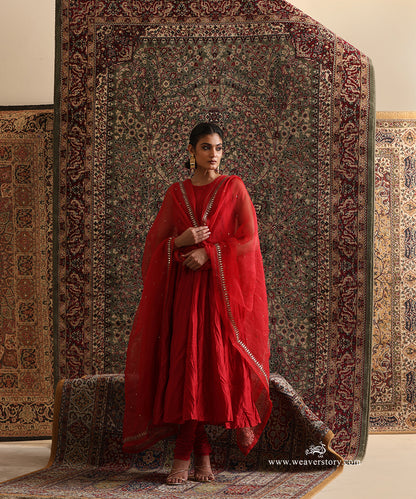 Red organza dupatta with gota embroidered border and scattered gota motifs