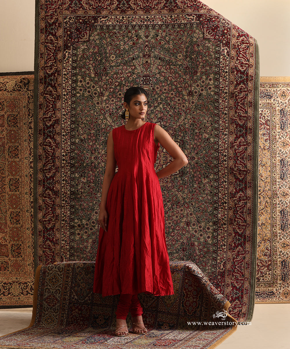 Red pure Chanderi silk sleeveless wrinkle Anarkali with matching churidar