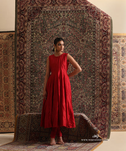 Red pure Chanderi silk sleeveless wrinkle Anarkali with matching churidar