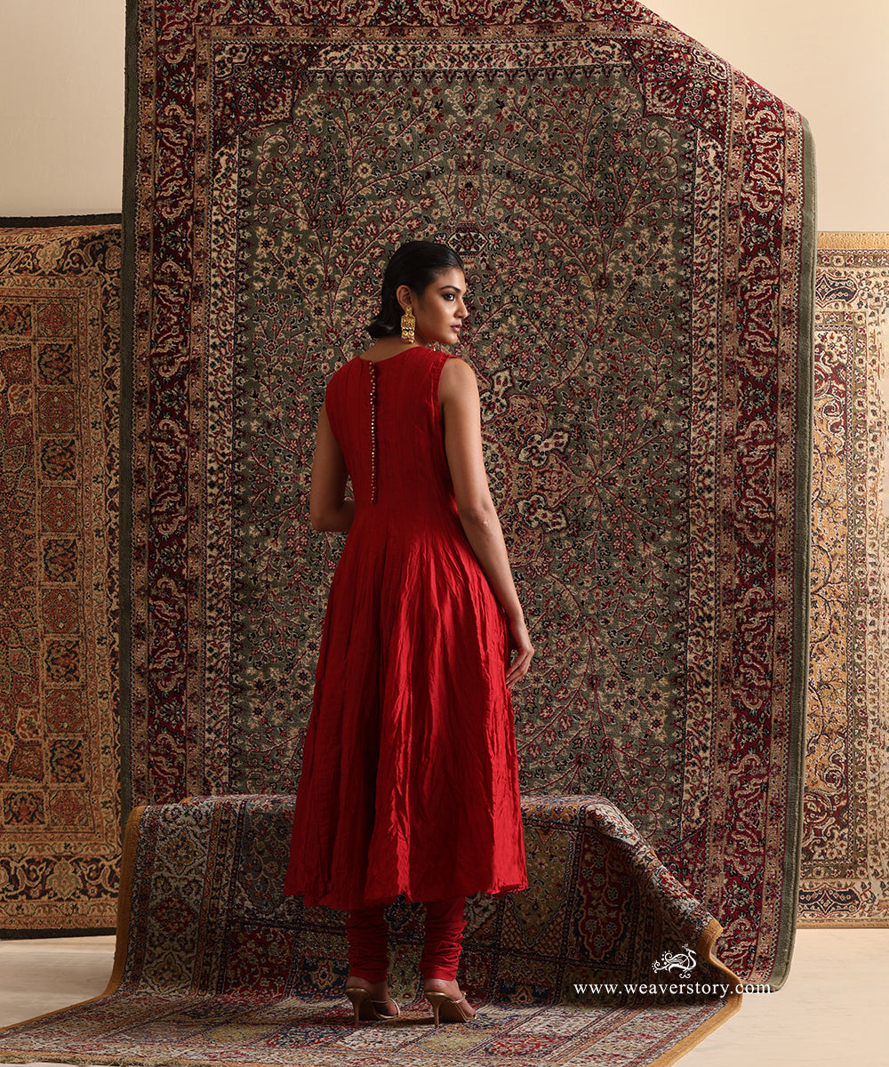 Red pure Chanderi silk wrinkle Anarkali with matching churidar back view