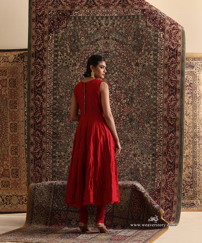 Red pure Chanderi silk wrinkle Anarkali with matching churidar back view