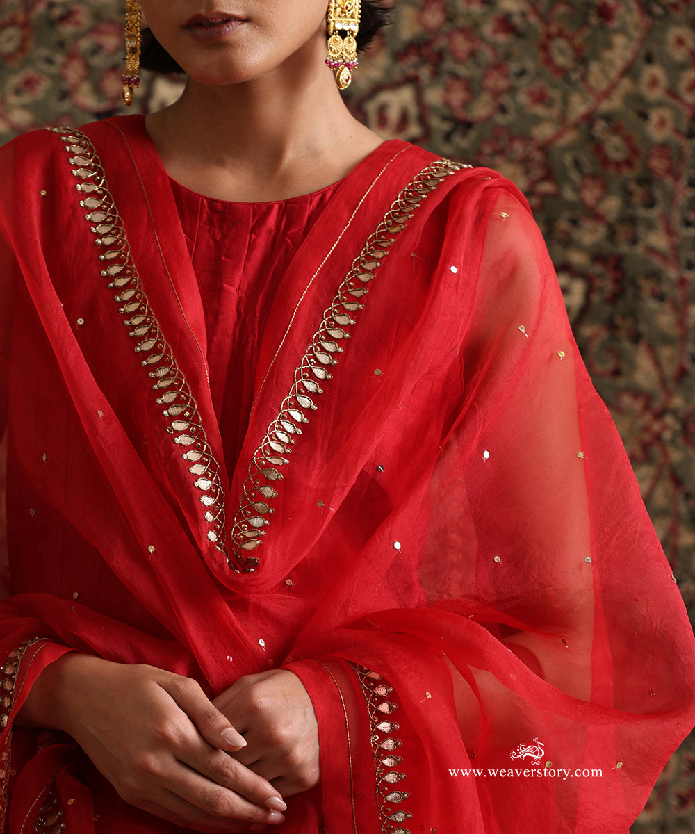 Red Chanderi silk wrinkle Anarkali churidar set with gota and zardozi embroidered organza dupatta